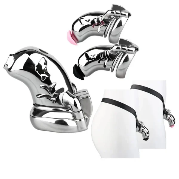Curved Male Long Breathable Stainless Steel Stealth Lock Male Chastity Device,Cock Cage,Penis Lock, with Catheter & Belt