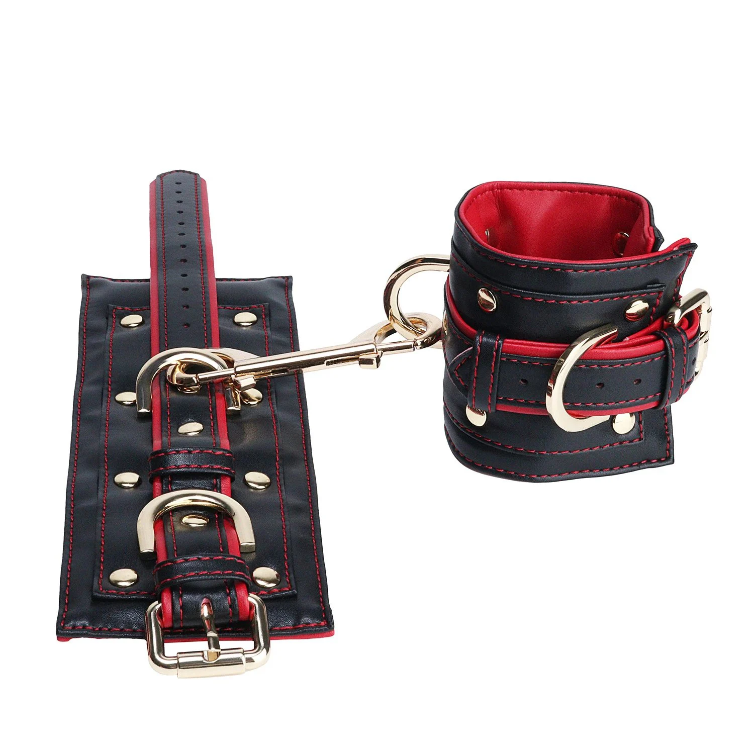 1Leather Restraint Cuffs + Thigh Restraint Set Black & Red Colorway 18+ Adult Roleplay Toy