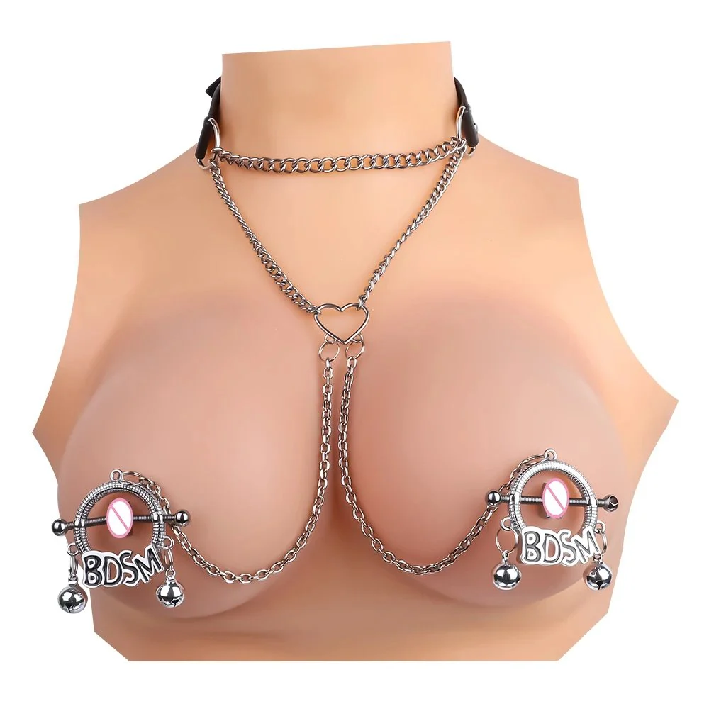 Adjustable Metal Chain Nipple Clamp Harness with Pendant for Couples Bondage Play