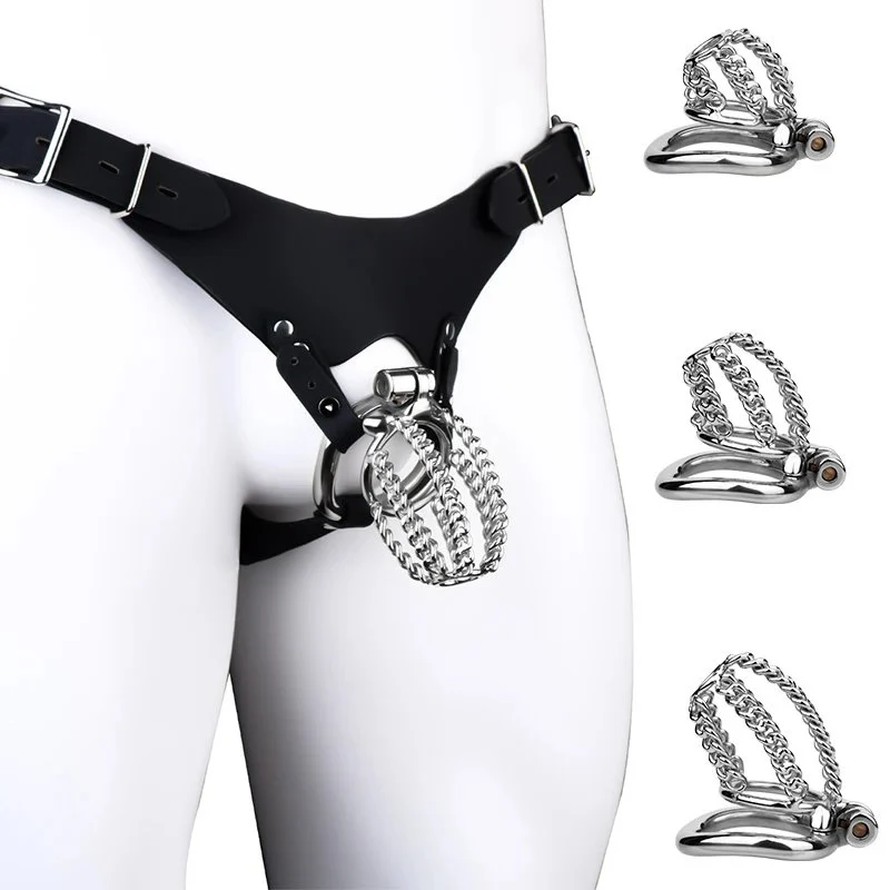 Wearable BDSM Chastity Cage Three Sizes Available for Male Penis Chastity Lock Stainless Steel + Synthetic Leather