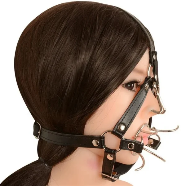 Roleplay Slave Leather Head Harness With Nose Hook O Ring Spider Open Mouth Gag