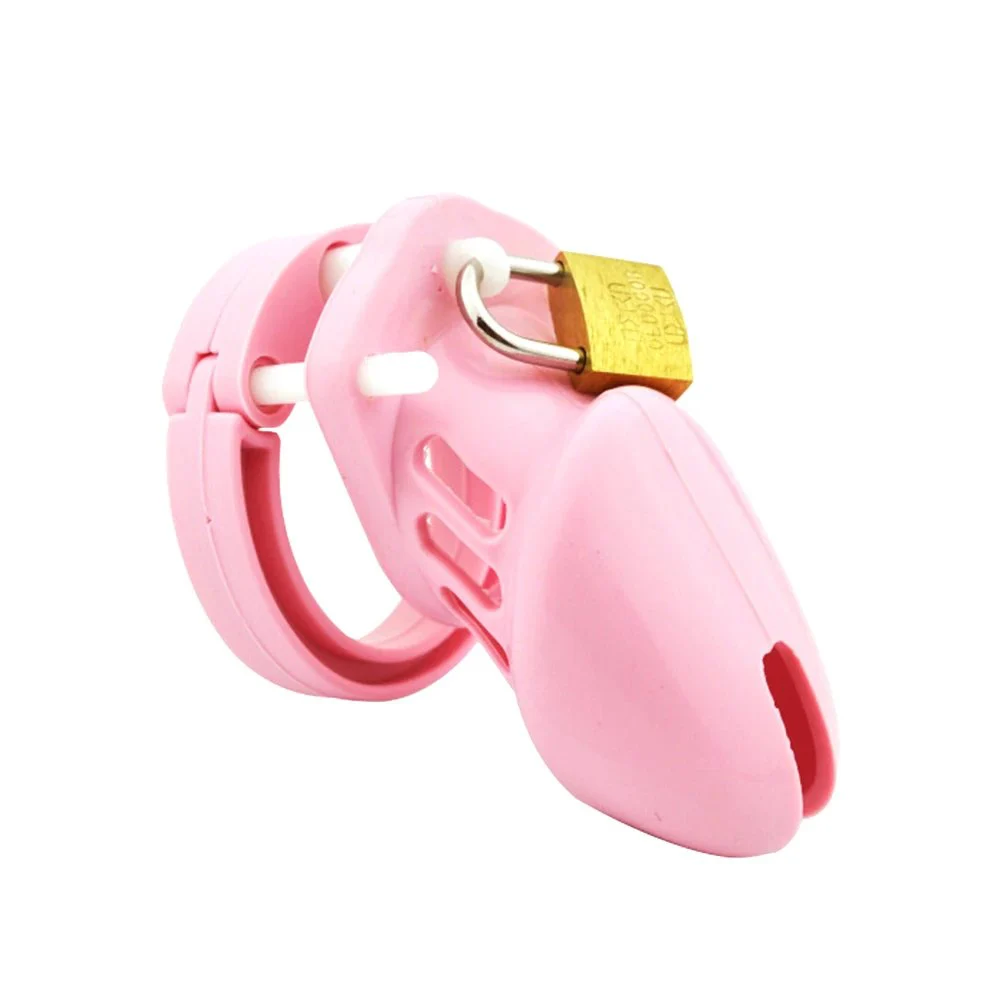 Silicone Men's Cock Lock Pink and Black Male Chastity Cage with 5 Penis Ring Devices Bondage Sex Toy