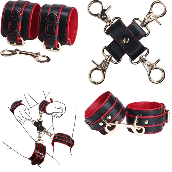 4-Way Cross Hog-Tie Connector with Wrist & Ankle Cuffs for Bondage Restraint,Bondage Kit,Four Cuff Adjustable Sex Toy Adult
