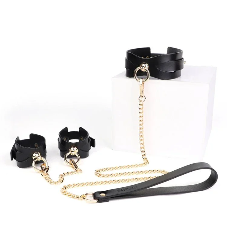 Adult Bondage Gear Neck Collar with Chain High Quality Leather Sexual Handcuffs Game for Couples