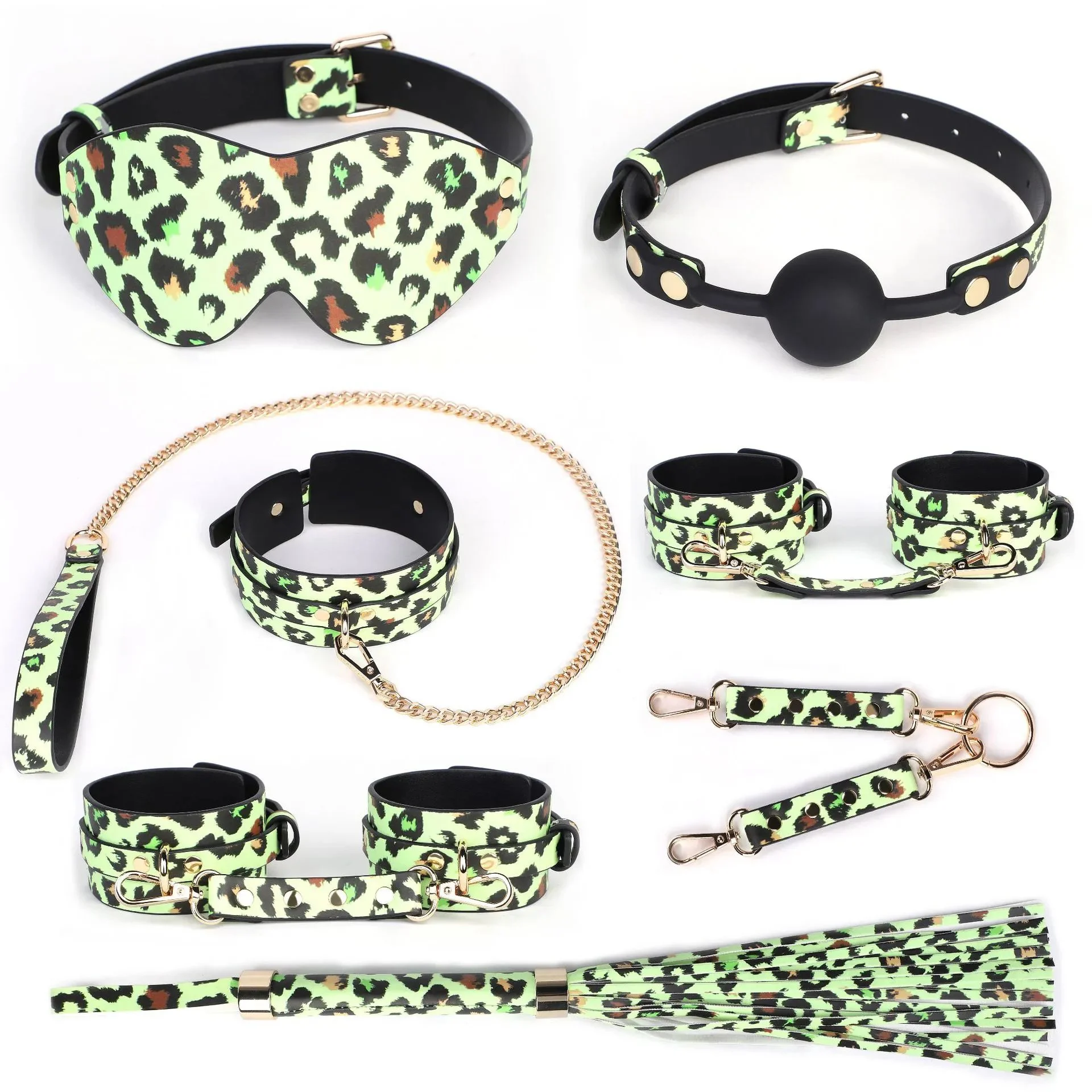 Restraints Collar Handcuffs Blindfold Leopard Glow in the Dark Bondage Kit Sex Toys 7PCS for Couples