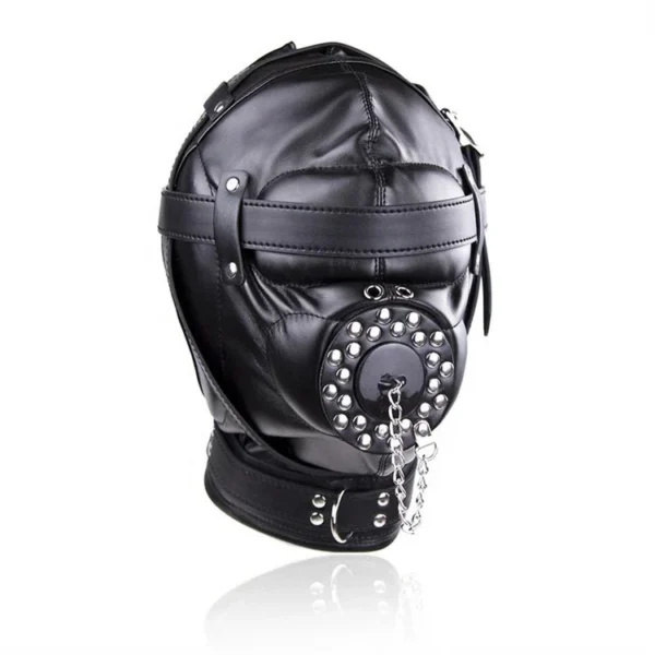Adult Sex Game Full Head Mask Mouth Gag PU Leather Hood Fetish Slave Headgear Bondage