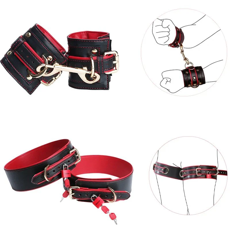 1Leather Restraint Cuffs + Thigh Restraint Set Black & Red Colorway 18+ Adult Roleplay Toy