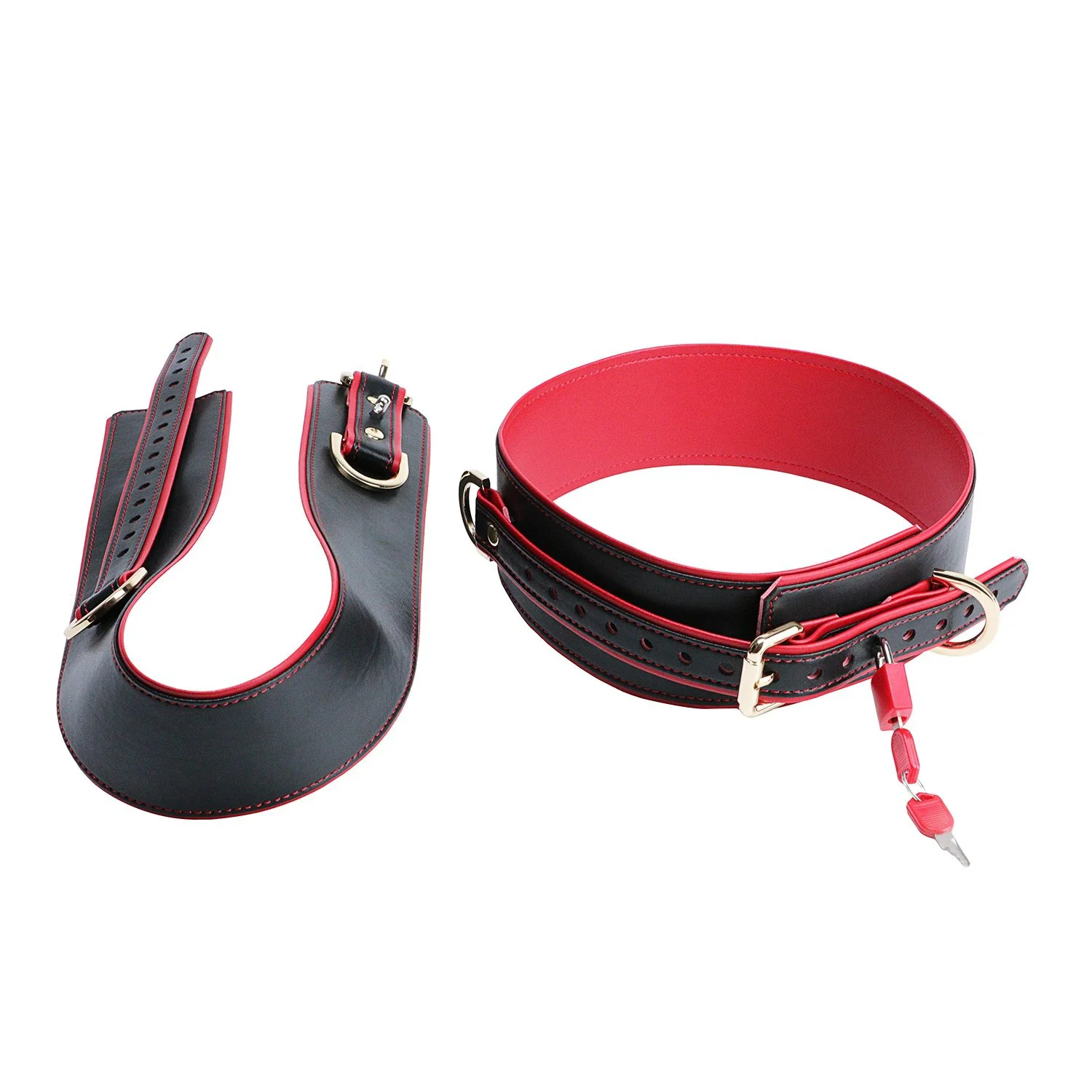1Leather Restraint Cuffs + Thigh Restraint Set Black & Red Colorway 18+ Adult Roleplay Toy
