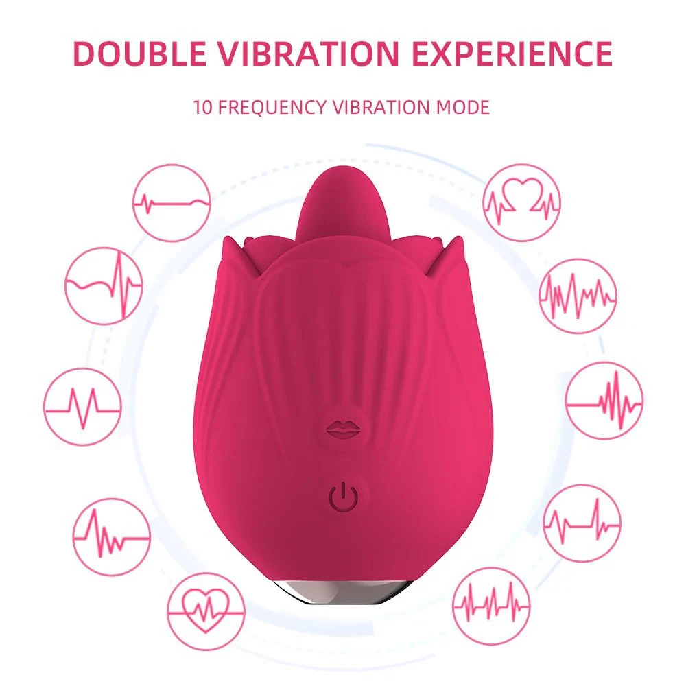 Silicone Red Flower Petal Shaped Womens Massage Clitoral Double Tongue Rose Vibrator