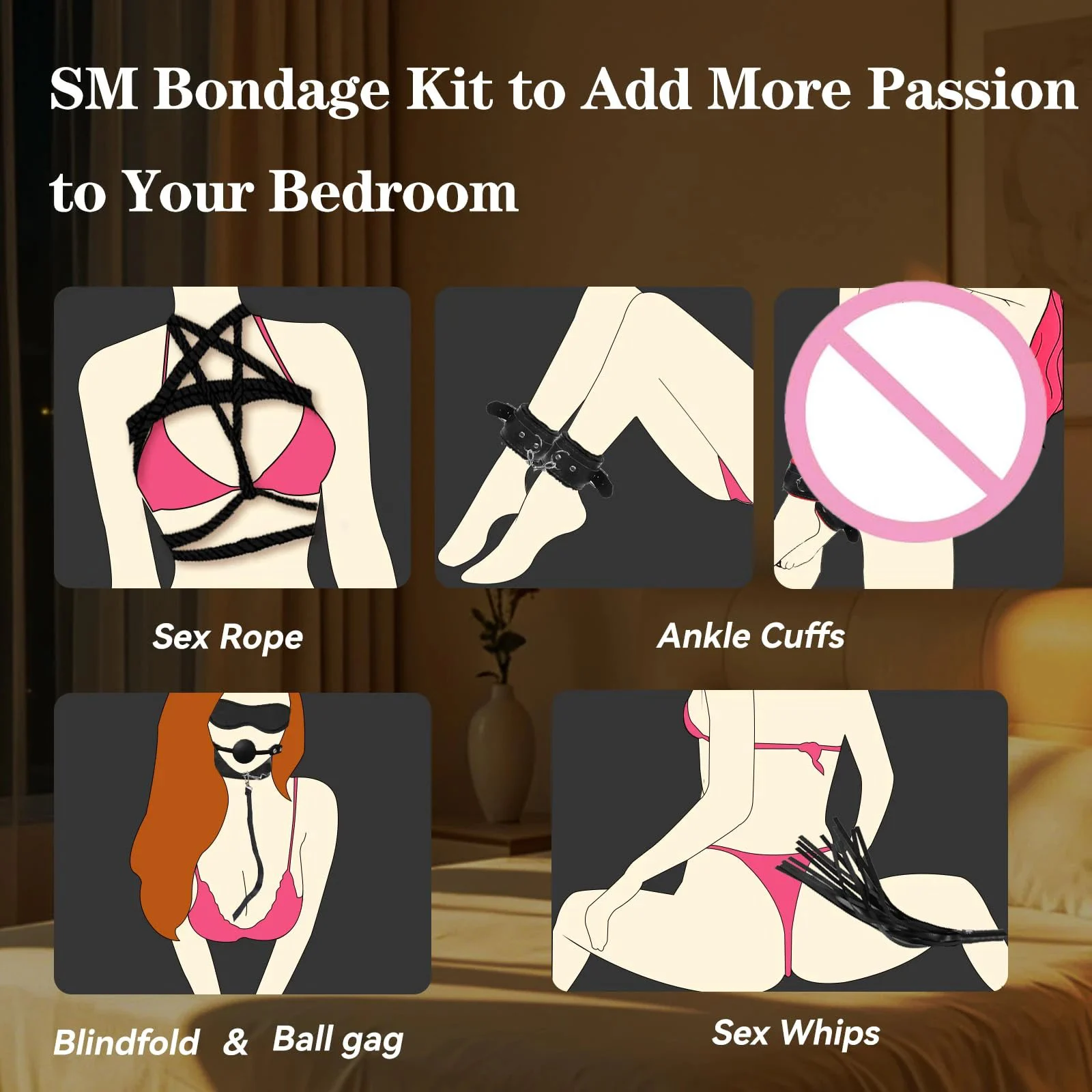 7PCS Adult Restraints Set Adjustable Wrist Ankle Cuffs Collar Bondage Rope Ball Gag Blindfold Whip Bedroom Sex Toy Women