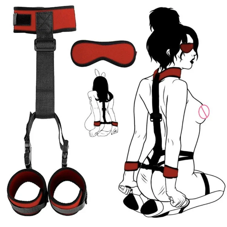 Adjustable Bondage Restraints Set Neck to Wrist Behind Back Handcuffs Collar With Blindfold