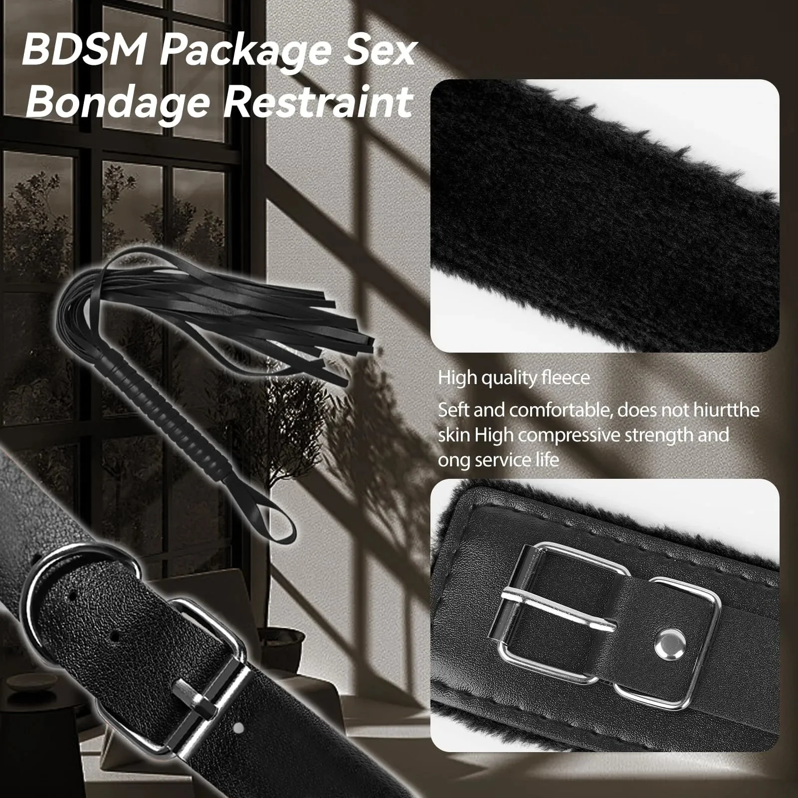 7PCS Adult Restraints Set Adjustable Wrist Ankle Cuffs Collar Bondage Rope Ball Gag Blindfold Whip Bedroom Sex Toy Women