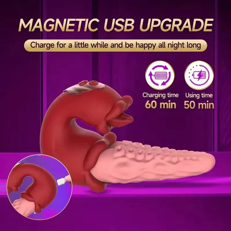 3 IN 1 Double Tongue 10 Frequency Strong Waterproof Internal Octopus Tongue Vibrator for Women