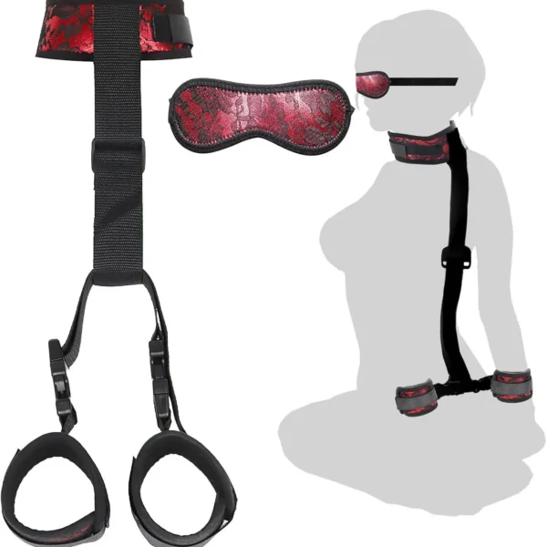 Waterproof Neck Wrist Restraints Bondage Set Back Handcuffs Collar Blindfold Adjustable Harness for Bed SM Games Play Sex