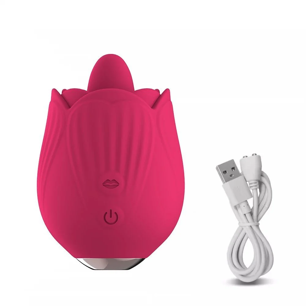 Silicone Red Flower Petal Shaped Womens Massage Clitoral Double Tongue Rose Vibrator