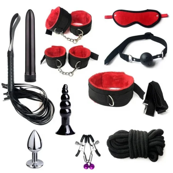 Erotic Toys Whip Anal Plug Nipple Clamp 11PCS Bondage Set With Sex Toys Couple Sexual Bondage Kit