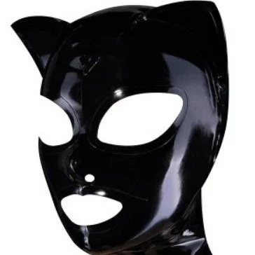 Black Latex Hood Cat Ears Back Zipper Open Eyes Nose Rubber Mask Cosplay Club Wear Costume Party Props Waterproof Fast