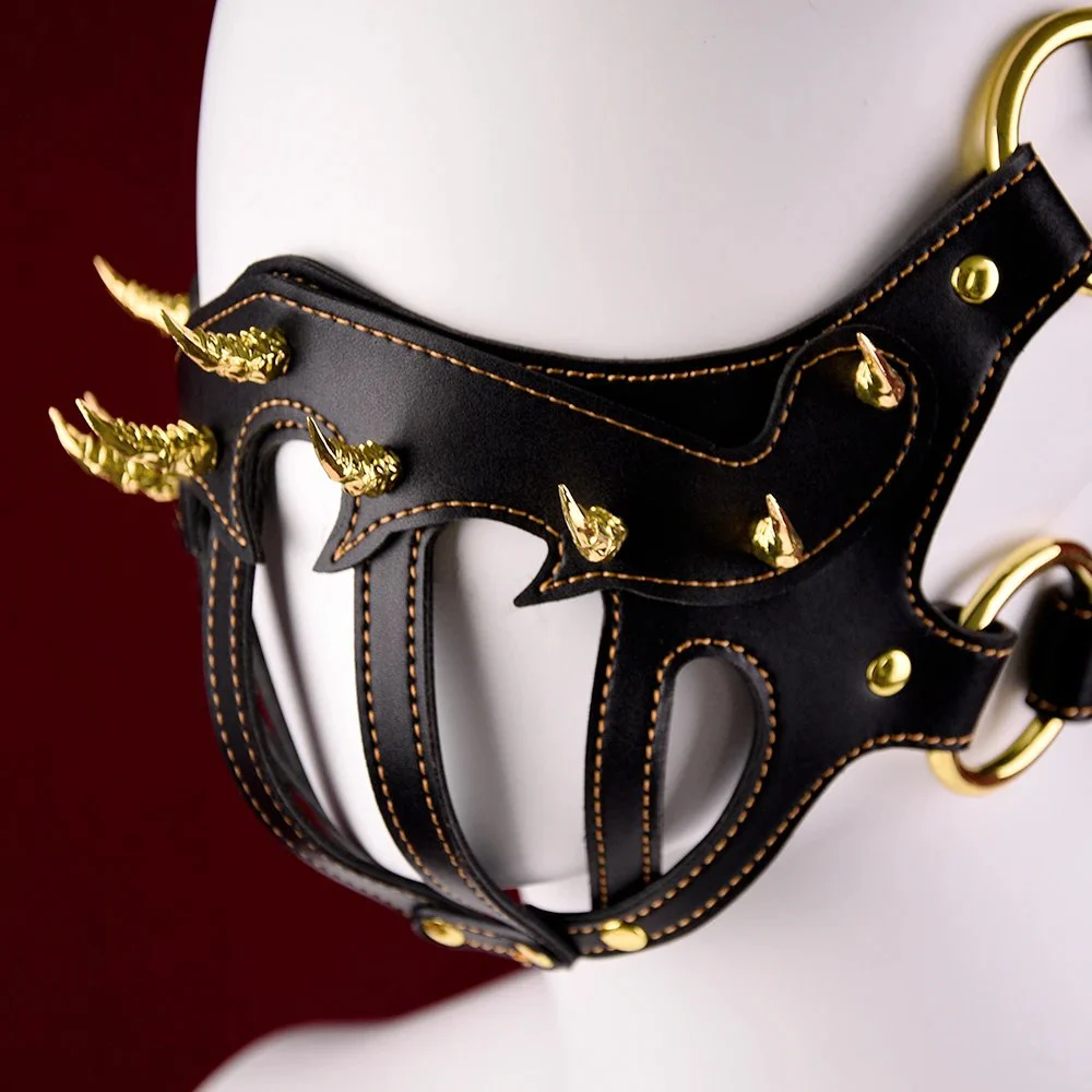 Bondage Submissive Hood, Soft Leather Adjustable Size, Fanged Beast Design for Role-Play Sex Toy