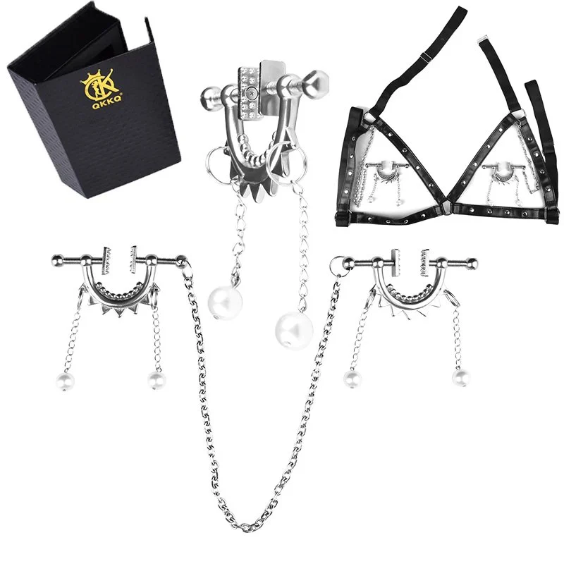 Leather harness With Chained Nipple Clamps,Leather Bondage Nipple Clamps,Nipple Clamps Stimulator,adjustable nipple clamps