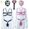 Pink and Black Women's Body Harness Set with Studded Design Light Sensory Stimulation Made of Premium PU Leather Material