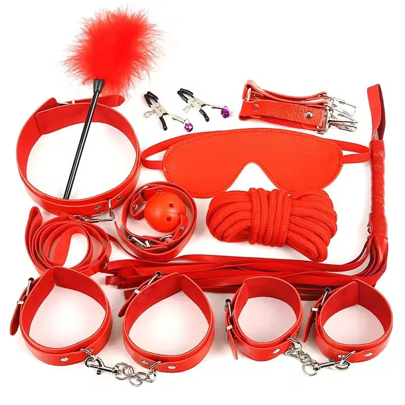 Erotic 10PCS Set of Couples Bondage Gear Handcuffs Whip Fetish Kit with Leather Restraints Exotic Accessories Sex Toys