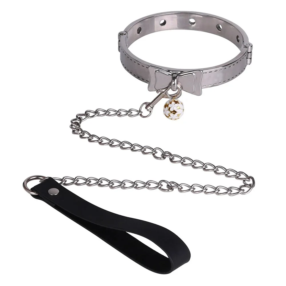 PU Leather Adjustable Neck Collar with Bow & Metal Leash Chain Bondage Neck Restraint Set