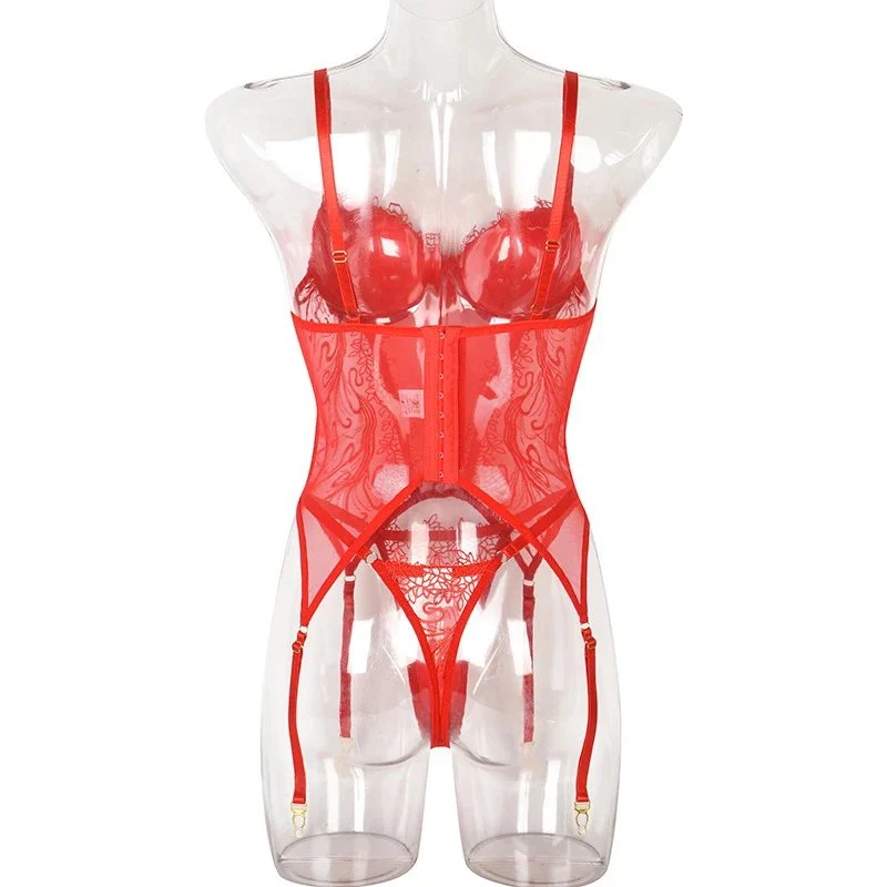 Red Embroidery Floral Ladies Shaping Underwear Women Lace Mesh G-string See Through Femme Sexy Lingerie Set