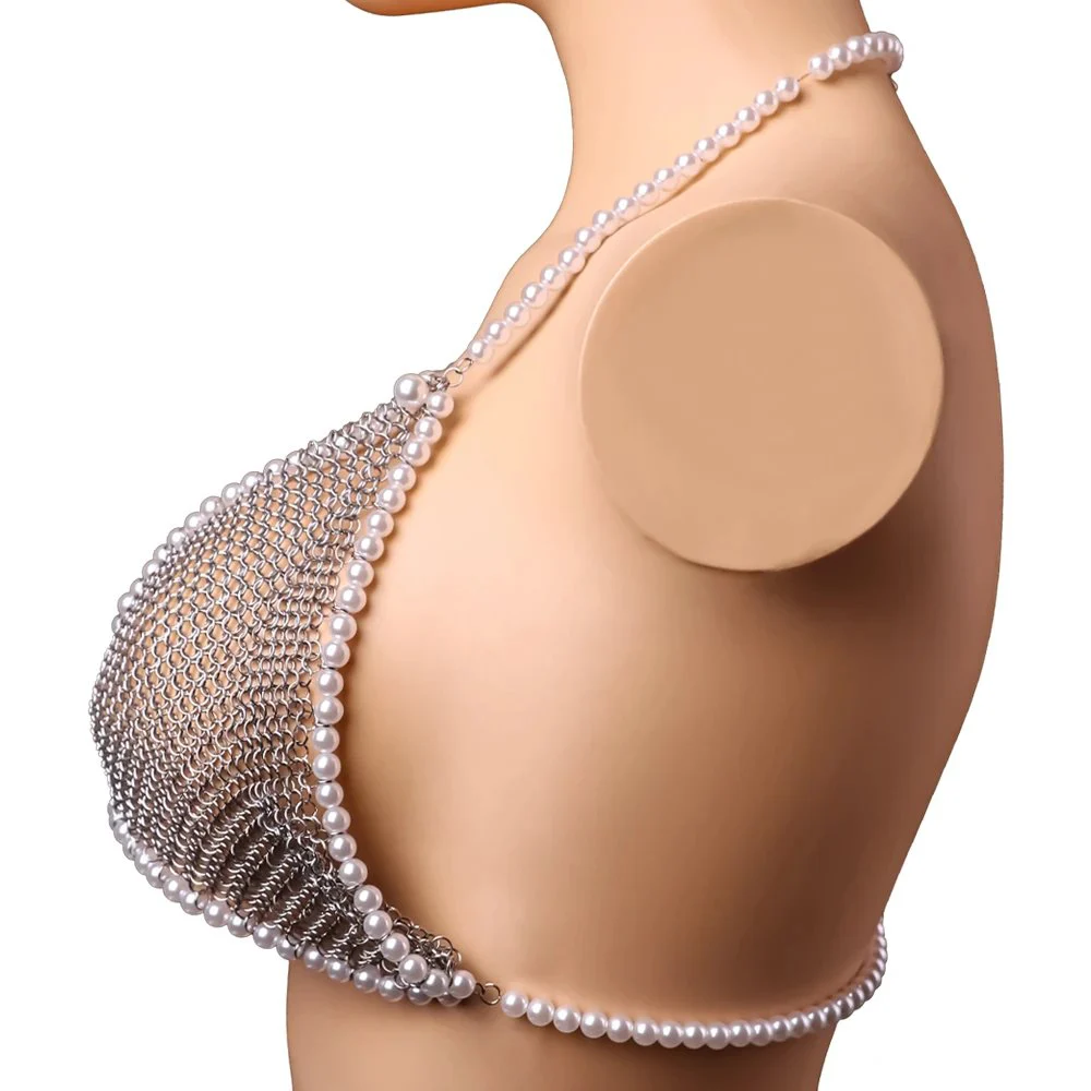 New Style Sexy Mesh Stainless Steel Breast Bra Pearl Choker Necklace Style Nipple Bra for Female Sex Bondage
