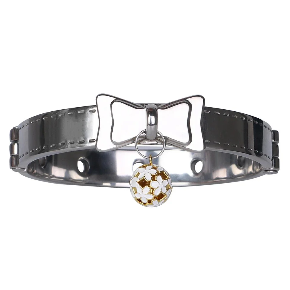 PU Leather Adjustable Neck Collar with Bow & Metal Leash Chain Bondage Neck Restraint Set