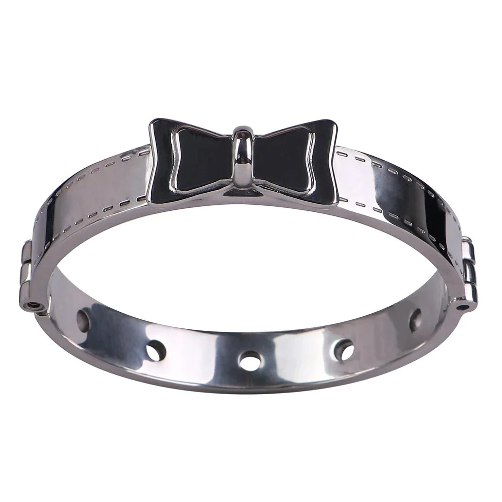 PU Leather Adjustable Neck Collar with Bow & Metal Leash Chain Bondage Neck Restraint Set