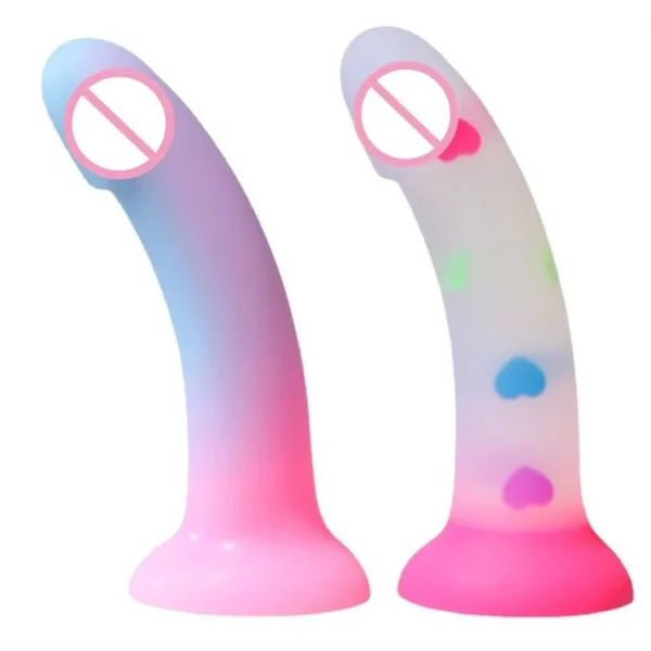 Glow in the Dark Colorful Pink Candy Heart Design Realistic Silicone Jelly Dildo Suction Cup Sex Toy Women