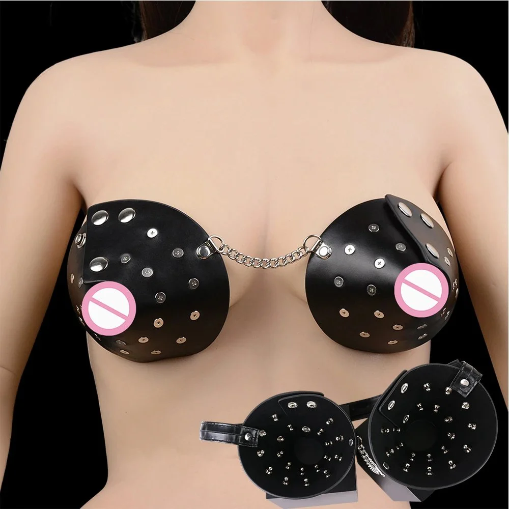 Rivet-Style Metal Nipple Clamps with Leather Belt Bondage Toy for Women