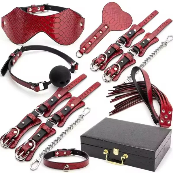 Red Snake Skin Bondage Set With Blindfold Gag Cuffs Paddle Flogger Collar Harness Restraints Tickler Clamps
