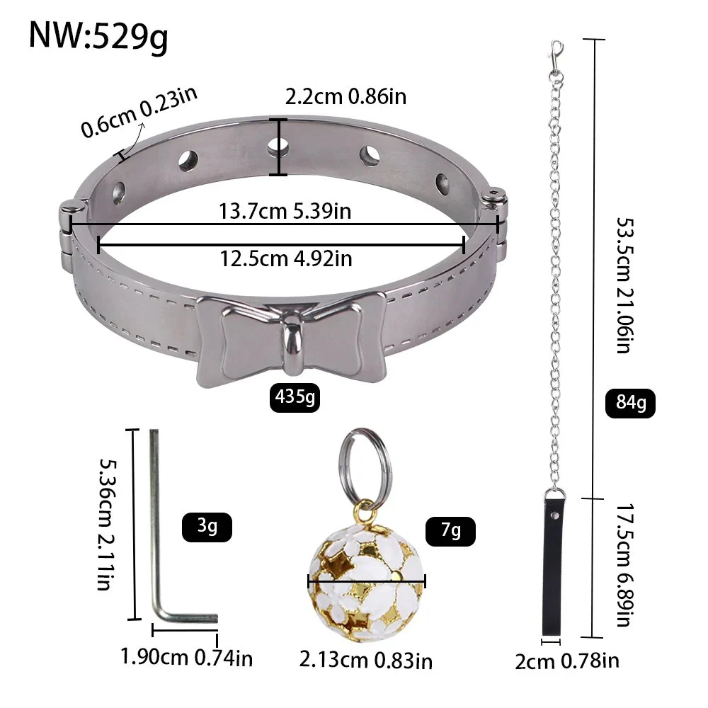 PU Leather Adjustable Neck Collar with Bow & Metal Leash Chain Bondage Neck Restraint Set