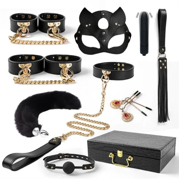 Sex Toys for Couple Adult Games Handcuffs Collar Vibrator Bondage Kit Leather Restraint Set