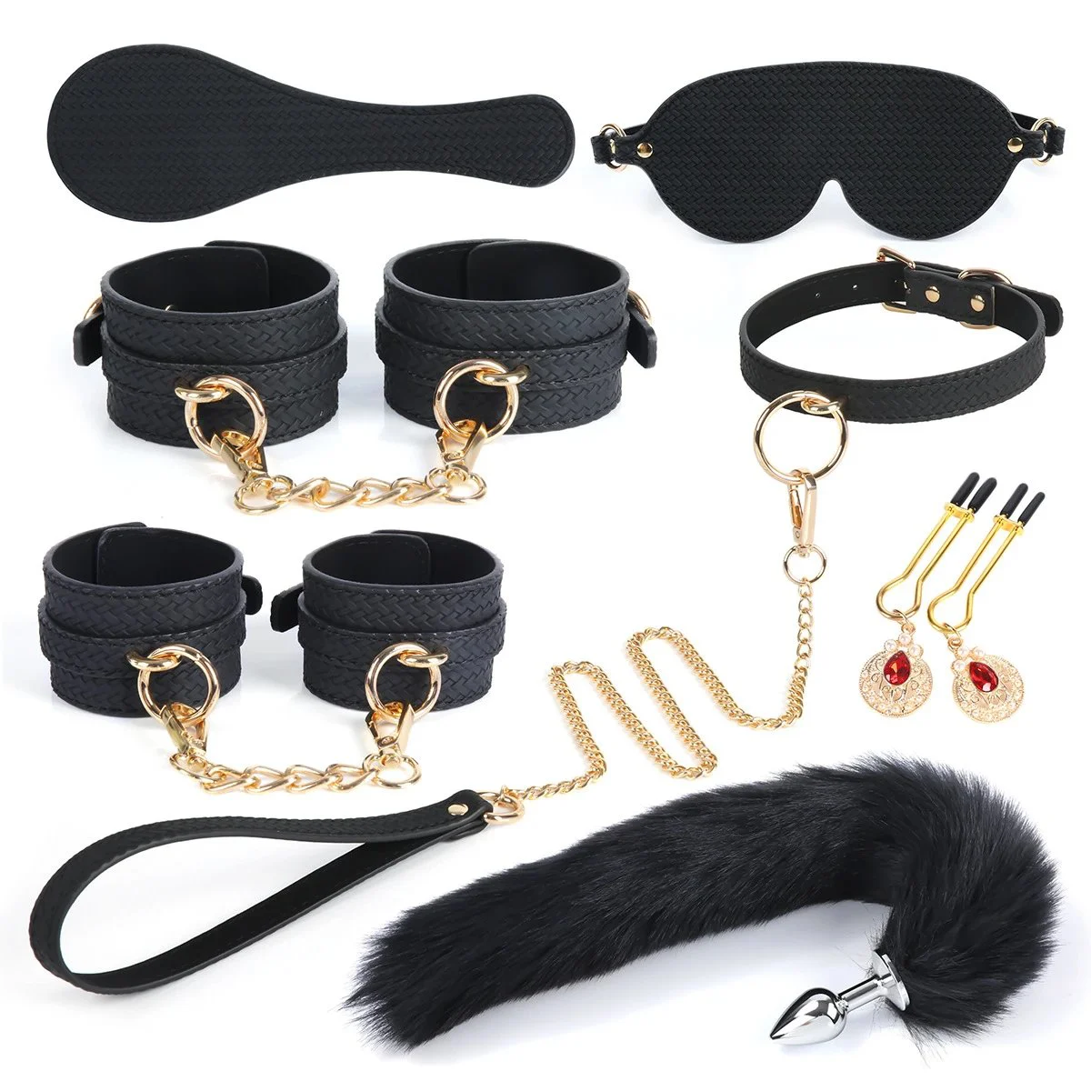 Sexy Props Black Woven PU Eight Piece Set Couple Binding and Binding Set
