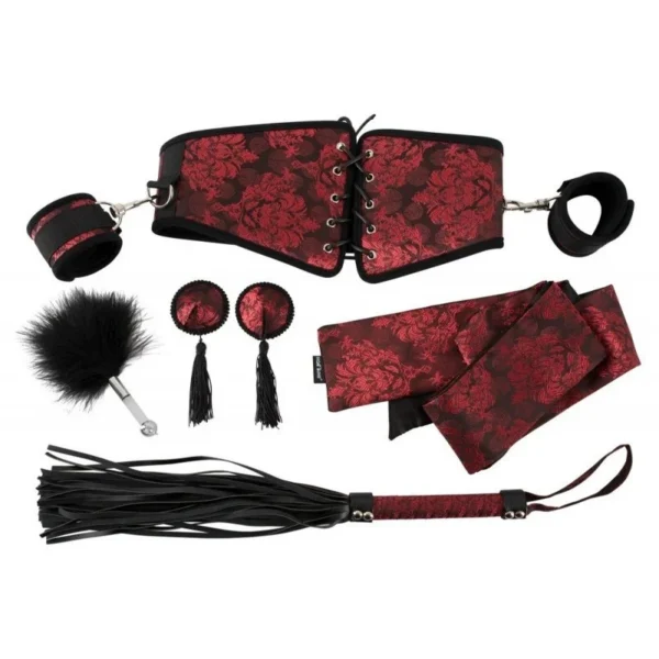 Six Piece Scarlet Brocade Style Corset and Cuff Restraint Kit Red Satin Waist Fetish Bondage Gear Kit Set for Women Couples