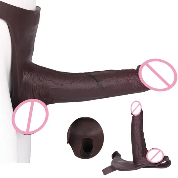 Silicone Panties With Realistic Hollow Dildo Male Strap on Black Big Dick Penis Extend Sleeve Couple's Sex Toy