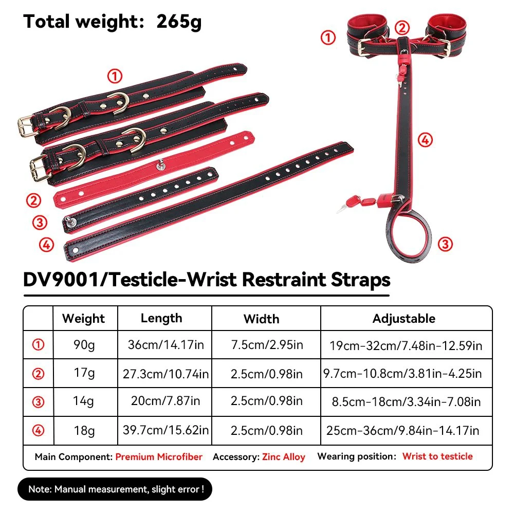 Submission Play Body Leather Restraint Training Gear Male Testicle Wrist Restraint Strap Black and Red Design for SM