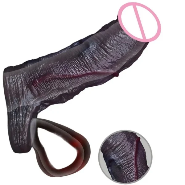 Open Design Black Tone Realistic Penis Sleeve Hollow Extension Sheath with Anti-Slip Ring Reusable Soft Adult Toy