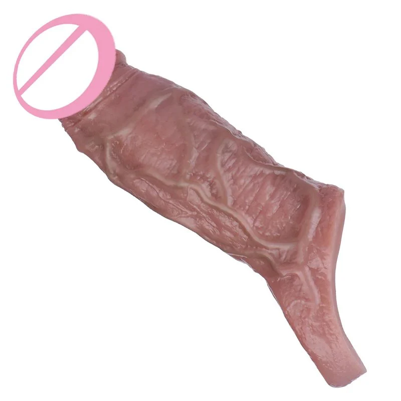 Silicone Realistic Penis Sleeve With Cock Ring Male Dick Delayed Ejaculation Textured Condom for Men Penis Enlarger