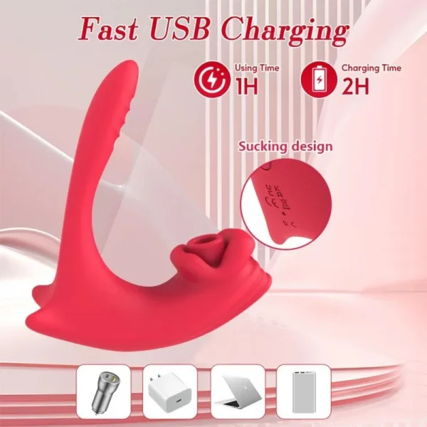 10 Frequency Silicone USB Sucking Vibrator with Thrusting Anal Stimulator