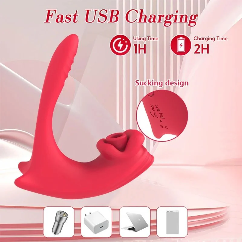 10 Frequency Silicone USB Sucking Vibrator with Thrusting Anal Stimulator
