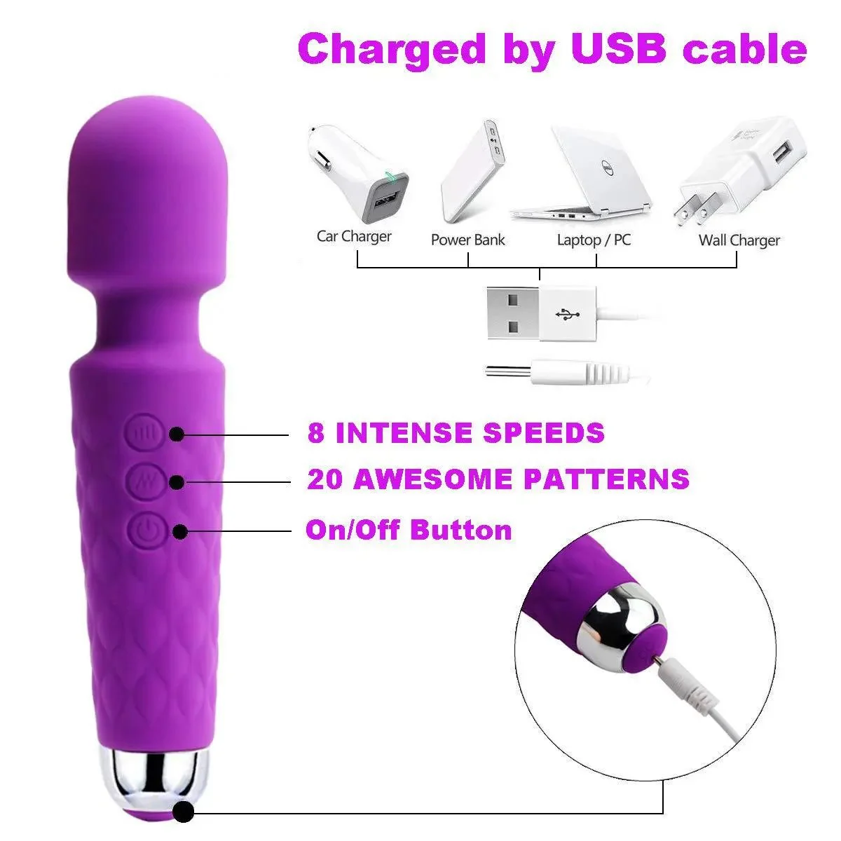 20 Frequency USB Waterproof Sex Toys for Women AV Wand Massager Cordless AV Vibrator
