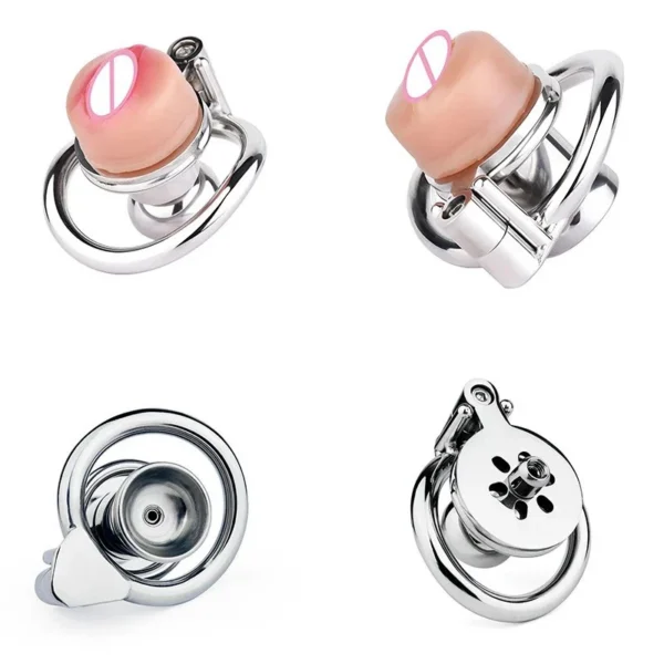 Inverted Chastity Cock Cage Positive Negative with Catheter with Four Active Size Ring Pussy Shape Chastity Cage