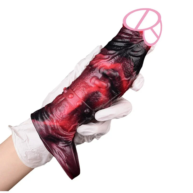 New Dildo Condom with Vibrating Function Sex Toy, Effective Penis Enlargement Liquid Silicone Soft Dildo Leather Condom