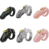 Silicone Men's Cock Lock Pink and Black Male Chastity Cage with 5 Penis Ring Devices Bondage Sex Toy