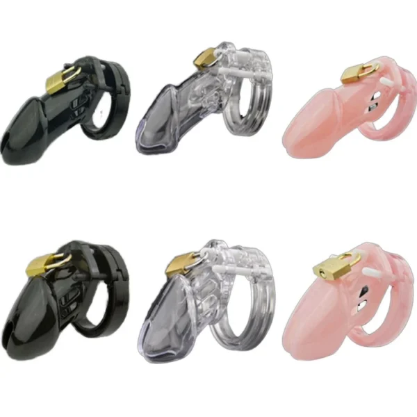 Silicone Men's Cock Lock Pink and Black Male Chastity Cage with 5 Penis Ring Devices Bondage Sex Toy