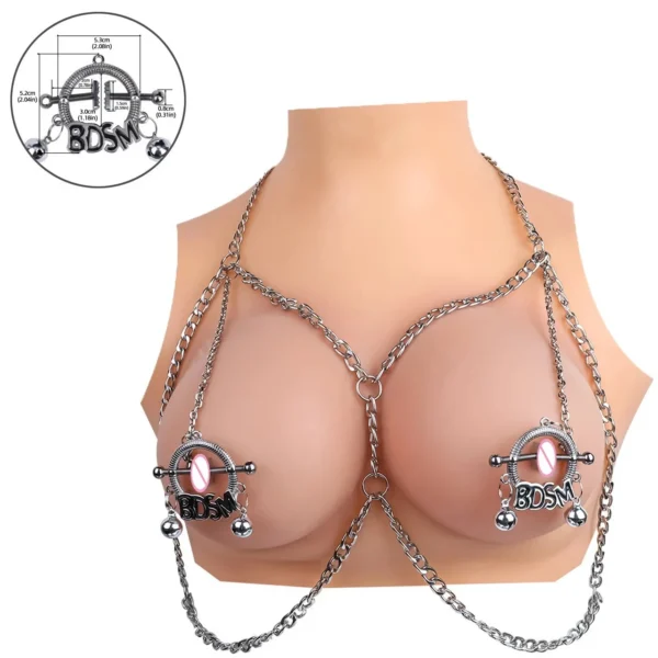 Adjustable Metal Chain Nipple Clamp Harness with Pendant for Couples Bondage Play