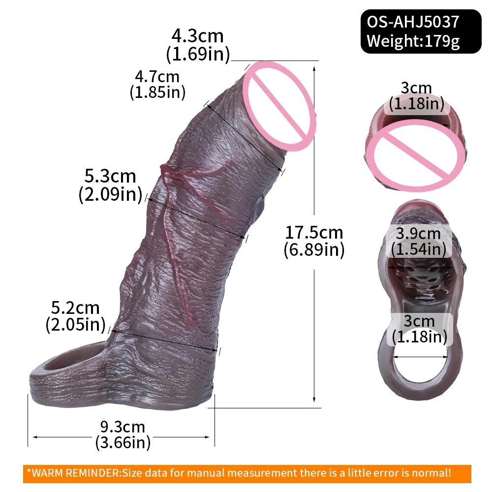 Open Design Black Tone Realistic Penis Sleeve Hollow Extension Sheath with Anti-Slip Ring Reusable Soft Adult Toy